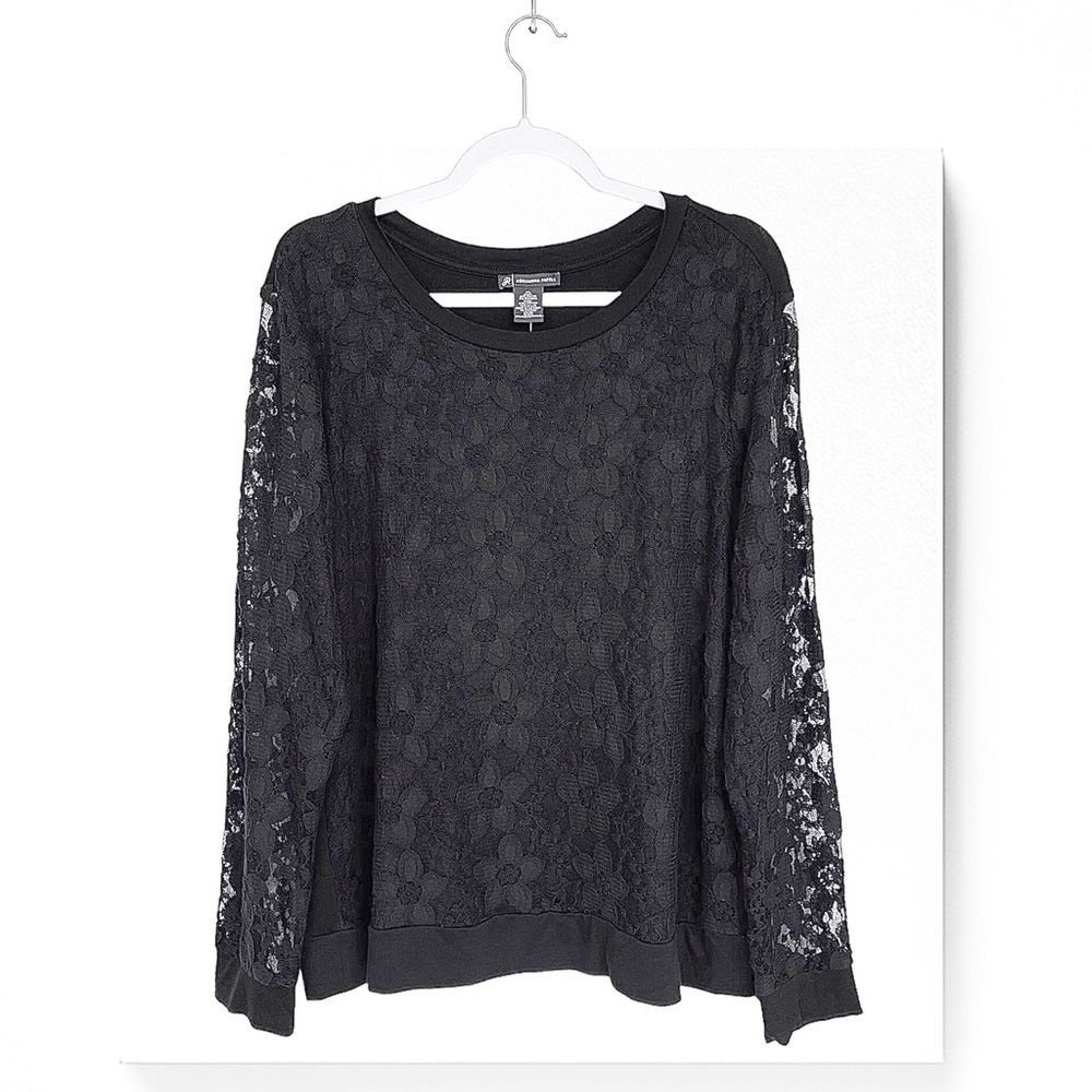 Adrianna Papell Floral Lace Overlay Front Sweatshirt Long Sleeves Round Neck